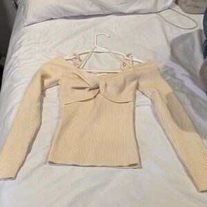 Astr Cream Ribbed Knit Top with Bow Detail
